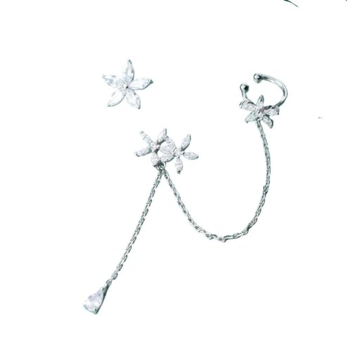 S925 Silber Ohrringe Koreanische Asymmetrische Quaste Tropfen mit Diamant Blume Ohrringe, PMVRTHQV, Silber von PMVRTHQV