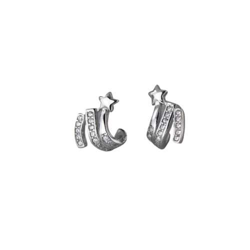 S925 Sterling Silber Stern Nieten Diamant Gebogene Linie Ohrring Stil Ohrringe, PMVRTHQV, Silber von PMVRTHQV