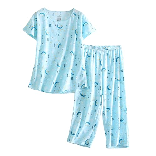 Damen Pyjama Set - Nachtwäsche Tops mit Caprihose Casual und Fun Prints Pyjama Sets, Blue Moon, 3XL von PNAEONG