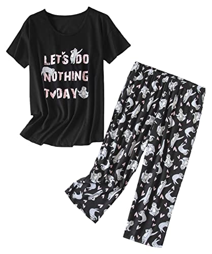 Damen Pyjama Set - Nachtwäsche Tops mit Caprihose Casual und Fun Prints Pyjama Sets, Let's Do Nothing, L von PNAEONG