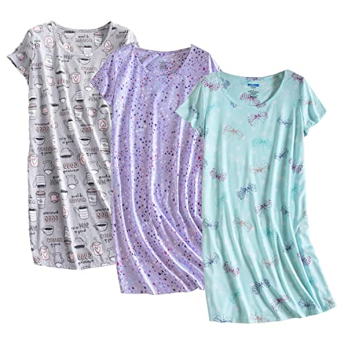 PNAEONG 3 Pack Damen Baumwolle Nachthemd Nachtwäsche Kurzarm Shirt Casual Print Sleepdress, Set 3, X-Large von PNAEONG