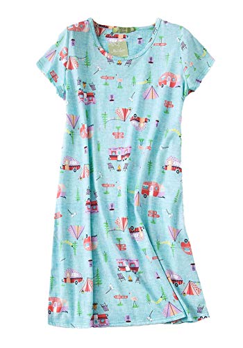 PNAEONG Damen Baumwolle Nachthemd Nachtwäsche Kurzarm Shirt Casual Print Sleepdress, Camping, Large von PNAEONG