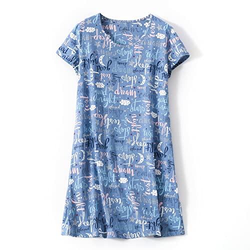 PNAEONG Damen Baumwolle Nachthemd Nachtwäsche Kurzarm Shirt Casual Print Sleepdress - Blau - Large von PNAEONG