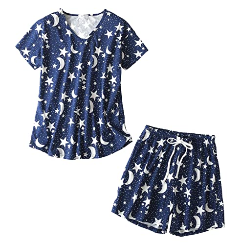 PNAEONG Damen Baumwolle Nachtwäsche Kurze Sets Tank & Short Pyjama Set, S Deep Night, M von PNAEONG