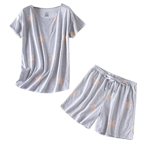 PNAEONG Damen Baumwolle Nachtwäsche Kurze Sets Tank & Short Pyjama Set, S Grey Stars, M von PNAEONG