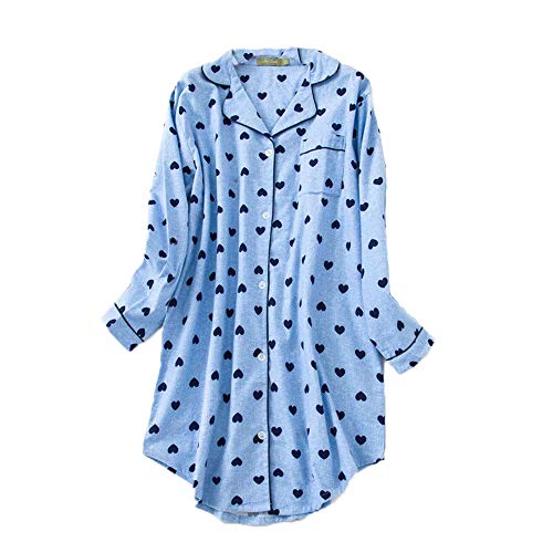 PNAEONG Damen Flanell 100% Baumwolle Nachthemd Button Down Boyfriend Nachthemd Mid-Long Style Sleepshirt Pyjama Tops - Blau - X-Large von PNAEONG