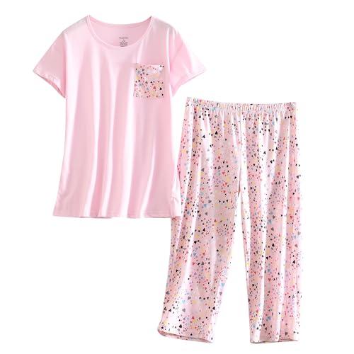 PNAEONG Damen-Pyjama-Set – Nachtwäsche Tops mit Caprihose, leger, lustiger Druck, Pyjama-Sets, C rosa, XL von PNAEONG