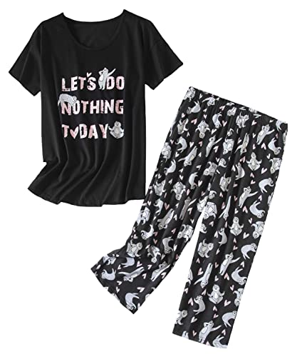 PNAEONG Damen Pyjama Set - Nachtwäsche Tops mit Caprihose Casual und Fun Prints Pyjama Sets, Let's Do Nothing, M von PNAEONG