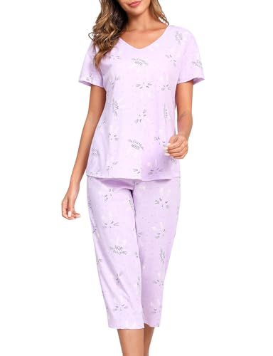 PNAEONG Damen-Pyjama-Set, Nachtwäsche, Oberteil mit Caprihose, lässiger und lustiger Aufdruck, Lila Hase, XL von PNAEONG