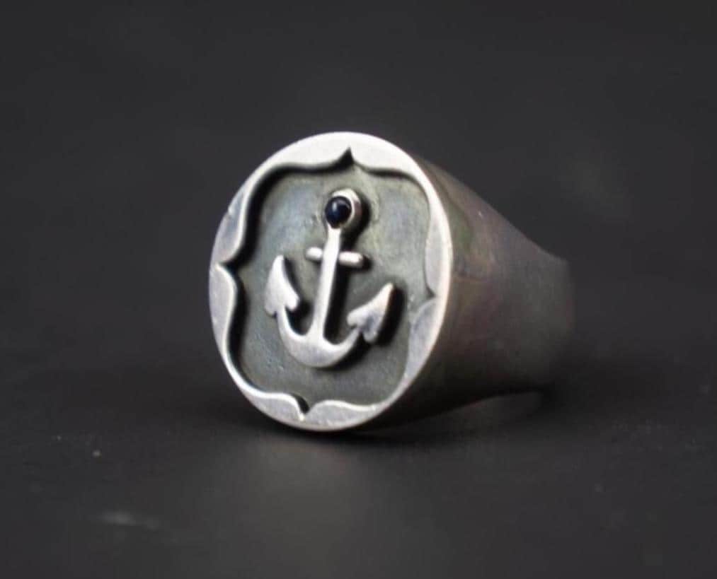 Anker Siegelring | Sterling Silber 925/000 Saphir Solider Handgefertigter Herrenschmuck Varsity Old School Stil Hergestellt in Frankreich Us 9 1/2 von PNBvintage