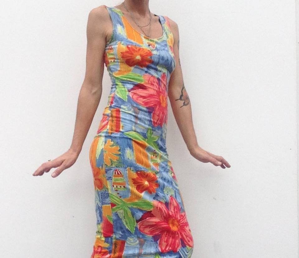 Kenzo Jungle Vintage Bodycon Kleid 1980Er Jahre | Stretch Cotton Multicolor Blumendruck Bleistift-Sommer Ärmellos Hergestellt in Italien Grösse S von PNBvintage