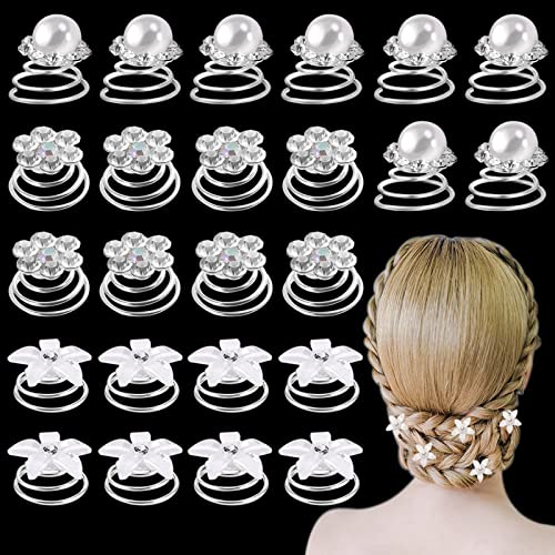 PNOOFR 24 Stück Kristall Spirale HaarnadelSpiral Haarspiralen Haarspange Haarschmuck Aus Kristall Spiral Twist Haarnadel Haarklammer für Frauen Damen Silbrig Weiß von PNOOFR