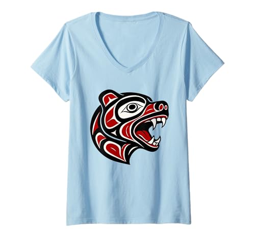 Damen Haida-Bär, indigenes Pazifik-Nordwest-Stammes-Design T-Shirt mit V-Ausschnitt von PNW