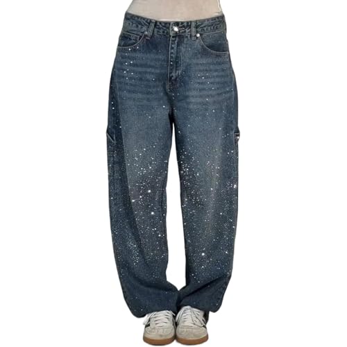 PNZLZIA Lässige Haremsjeans mit Strasssteinen für Damen, hoch taillierte Jeans mit Strasssteinen für Damen, glitzernde Jeans mit weitem Bein (Dark Blue,XL) von PNZLZIA