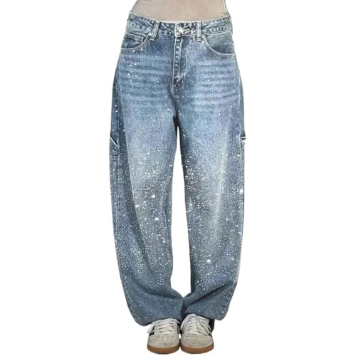 PNZLZIA Lässige Haremsjeans mit Strasssteinen für Damen, hoch taillierte Jeans mit Strasssteinen für Damen, glitzernde Jeans mit weitem Bein (Light Blue,XL) von PNZLZIA