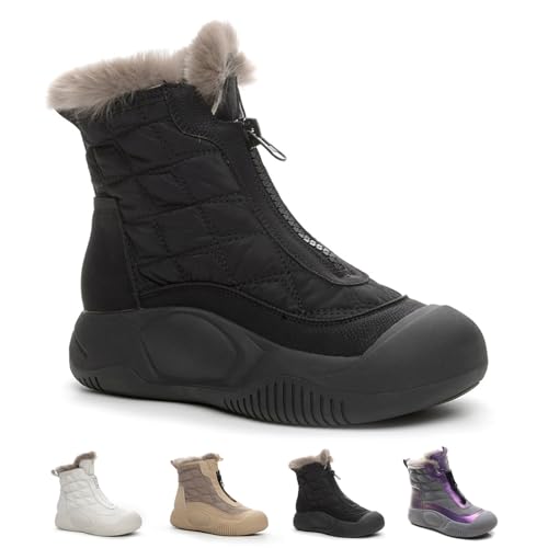 Boots Made from Thickened Leather, Women's High Top Warm Snow Boots, Winter Plush with Zip Up Anti Slip Boots (4.5,Black) von POCHY