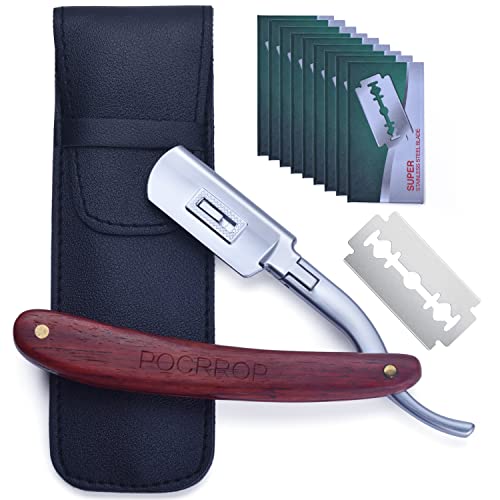 POCRROP Rasiermesser Rasur Enthaarung Barber Rasierer Rasiermesser Set mit Holzgriff, Bart Rasierer Herren mit Wechselklinge Straight Razor inkl [10 scharfe Klingen] und Kunstleder Etui von POCRROP