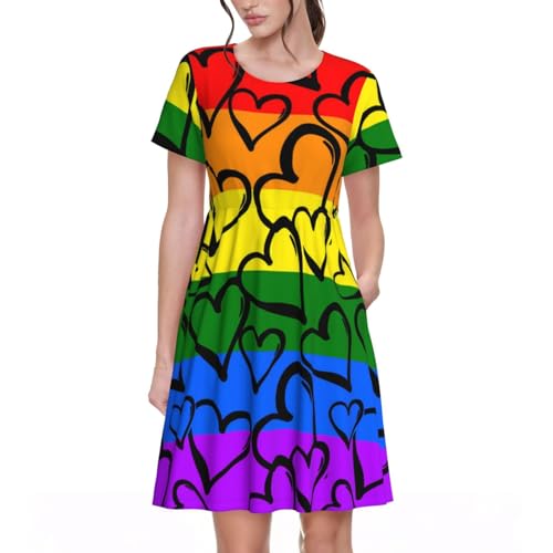 Gay Pride Regenbogenmuster Damen Kurzarm Kleid Sommer Mode Formale Krawatte Taille Reise Date Party, Schwarz , XL von POCUK