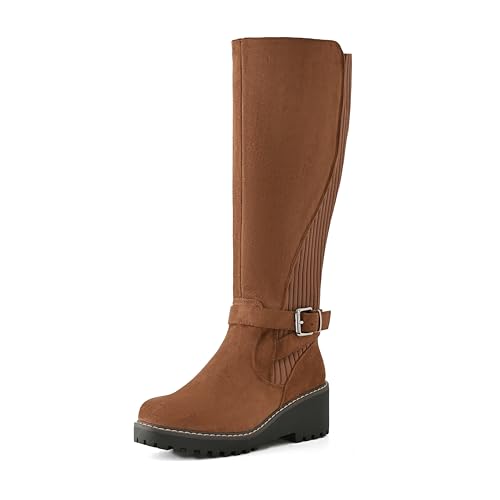 PODAIK Damen Kniehohe Stiefel Hoch Herbst Wedges Runde Zehen Bequeme Größe Reißverschluss mit Mode Schnallen Plateau Schuhe für Frauen, Braun, 37.5 EU von PODAIK