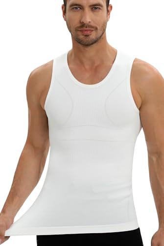 PODFAN Gynäkomastie-Kompressionsshirt für Herren, Bauchweg-Tanktop, Weste, figurformende Unterhemden für Herren, Weiss/opulenter Garten, XX-Large von PODFAN