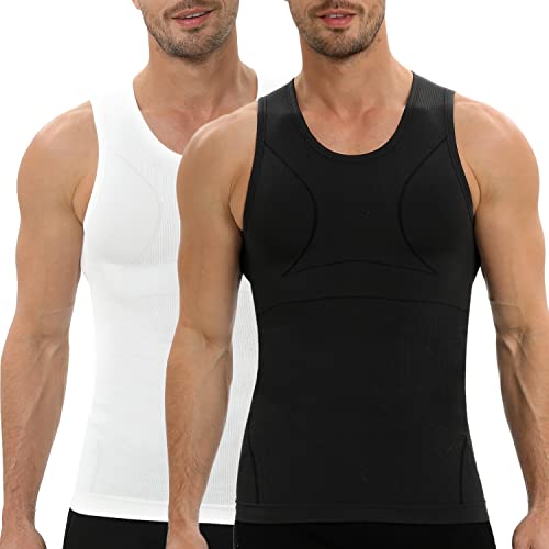 PODFAN Gynecomastia Herren Kompressionsshirt Slimming Tank Top Herren Body Shaper Weste Bauchkontrolle Unterhemden, schwarz/weiß, Mittel von PODFAN