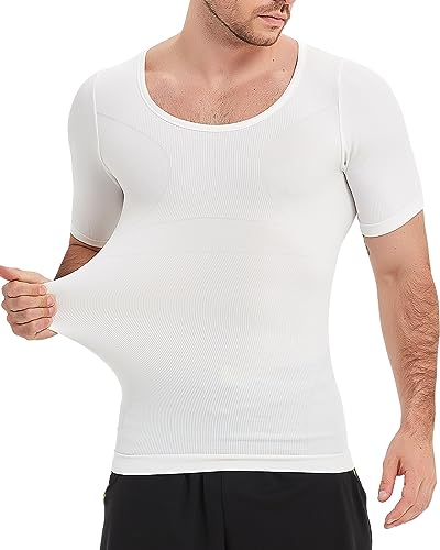 PODFAN Herren-Kompressionsshirt, Gynäkomastie, kurze Ärmel, Schlankheitsunterhemden, Shapewear Tank Top, Weiss/opulenter Garten, Mittel von PODFAN