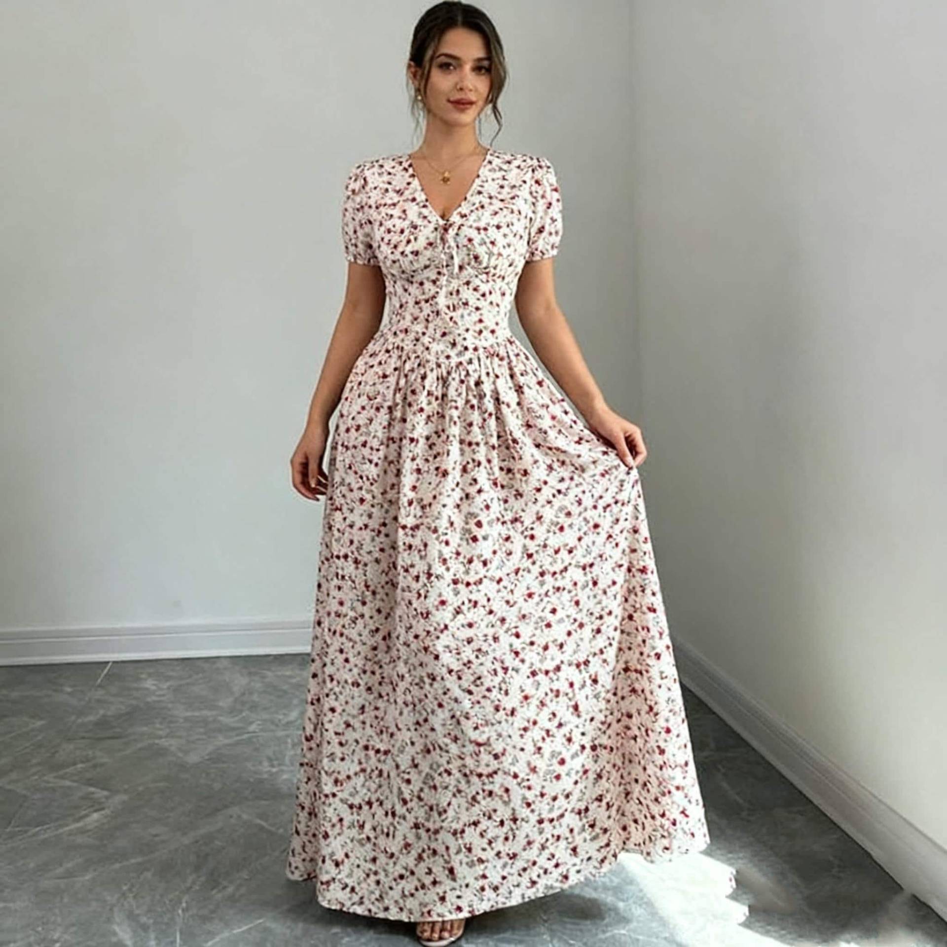 Vintage Floral Kurzarm Maxikleid Mit V-Ausschnitt - Cottagecore Elegantes, Lässiges Sommerkleid Für Frauen von PODOLINDENYS