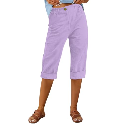 3/4 Hose Damen Sommer Leinenhose Damen Leichte Sommerhose Damen Hohe Taille Kurze Leinenhosen Einfarbig Leinen Shorts Damenhosen 7/8 Länge Straight-Leg Sommerhose Damen Leicht 7/8 Strandhose von PODOLIXIA