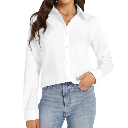 Bluse Damen Langarm Hemdbluse Unifarben Freizeit Business Damen Bluse mit Knopfleiste Bügelfrei Button Down Shirt Formelle Office Damenblusen Elegant Blusen & Tuniken für Damen Viskose von PODOLIXIA