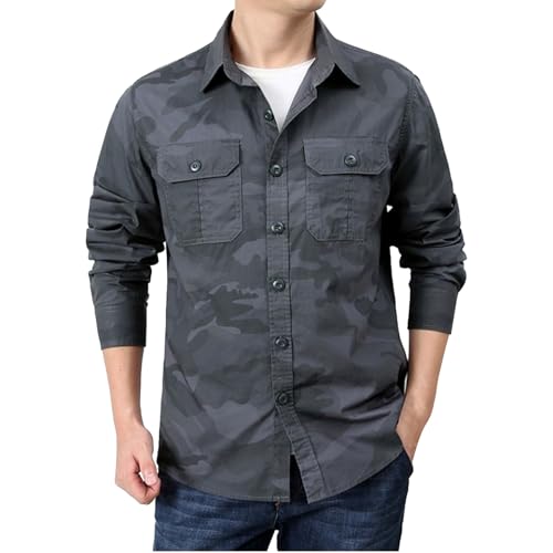 Camouflage Hemd Herren Langarm, Baumwolle Regular Fit Cargo-Hemd mit Brusttasche Freizeithemden für Herren Umlegekragen Longsleeve Herrenhemden Tarnfarben Button Down Arbeitshemd mit Knopfleiste von PODOLIXIA