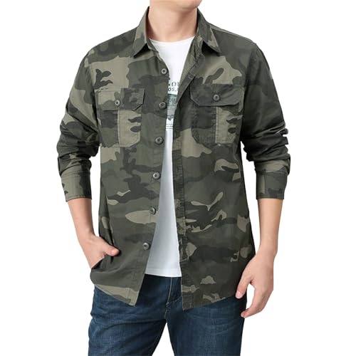 Camouflage Hemd Herren Langarm, Baumwolle Regular Fit Cargo-Hemd mit Brusttasche Freizeithemden für Herren Umlegekragen Longsleeve Herrenhemden Tarnfarben Button Down Arbeitshemd mit Knopfleiste von PODOLIXIA