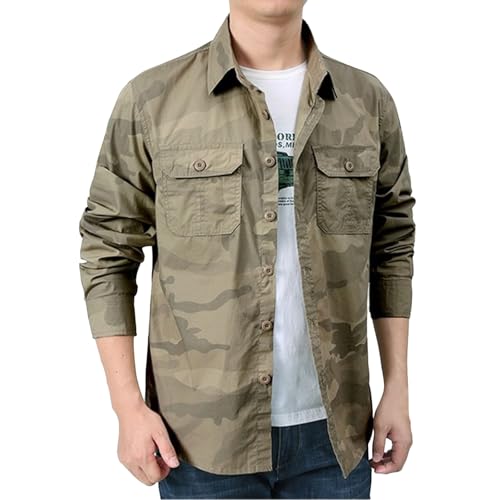 Camouflage Hemd Herren Langarm, Baumwolle Regular Fit Cargo-Hemd mit Brusttasche Freizeithemden für Herren Umlegekragen Longsleeve Herrenhemden Tarnfarben Button Down Arbeitshemd mit Knopfleiste von PODOLIXIA