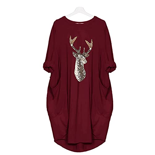 Christmas Longshirt Tunika Kleid Damen mit Hirsch-Muster Aufdruck Pulloverkleid Lässige A Line Kleid Langarm Abendkleid Kurz Sweatshirt Plus Size Rundhals Weihnachtsmann Samt Kleid von PODOLIXIA