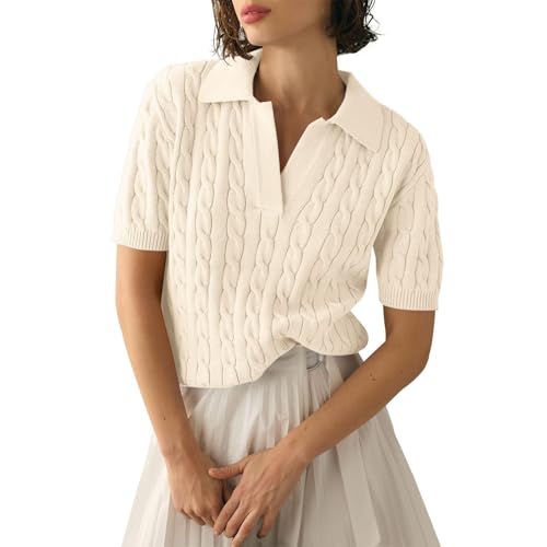 Damen Kurzarm Strickpullover Sommer T Shirt Pullover mit Zopfmuster Cable Knit Elegant Tops V-Ausschnitt Pulli Strick Sweatshirt von PODOLIXIA