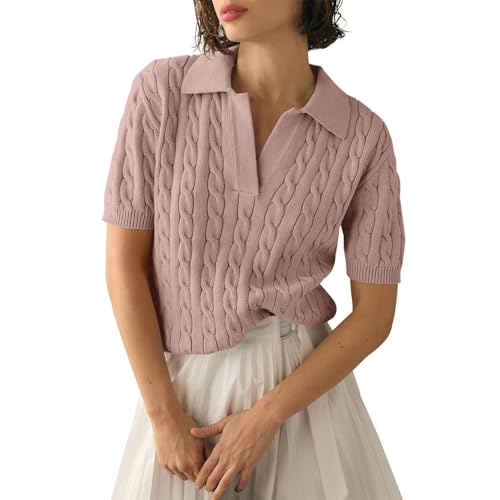 Damen Kurzarm Strickpullover Sommer T Shirt Pullover mit Zopfmuster Cable Knit Elegant Tops V-Ausschnitt Pulli Strick Sweatshirt von PODOLIXIA