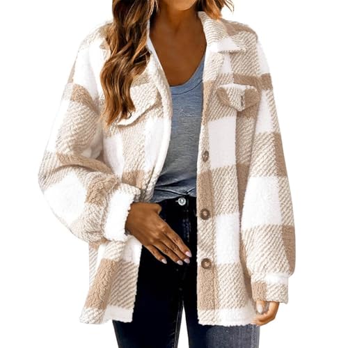 Flanellhemd Damen Karierte Fleecejacke Damen Warm Gefüttert Holzfäller Jacke mit Knopfleiste Flauschig Flanell Plüschjacke Teddy Fleecejacke Damen Hemdjacke Herbst Winter Lange Ärmel Shacket von PODOLIXIA