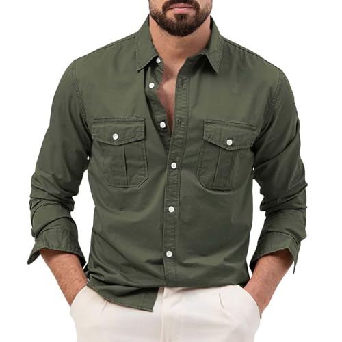 Freizeithemden für Herren, Revers Langarm Solid Color Hemden mit 2 Brusttaschen Herbstshirt Leisure Men's Cargo-Hemd Knopfleiste Langarmshirts mit Knöpfe von PODOLIXIA