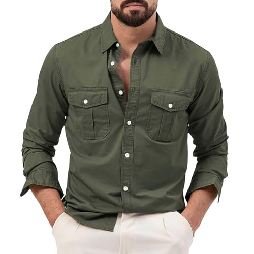 Freizeithemden für Herren, Revers Langarm Solid Color Hemden mit 2 Brusttaschen Herbstshirt Leisure Men's Cargo-Hemden Knopfleiste Langarmshirts mit Knöpfen von PODOLIXIA