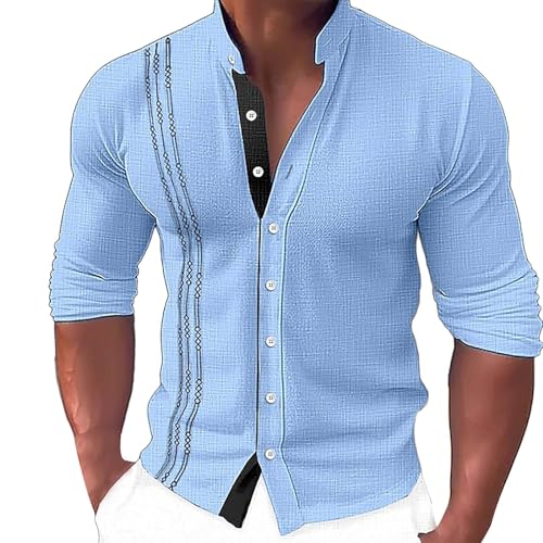 Freizeithemden für Herren Hawaii-Hemd Männer Stehkragen Langarm Hemden Color-Blocking Aufdruck Hawaii-Shirt mit Knöpfe Casual Elegant Button-Down Shirt Urlaub Knopfleiste Langarmshirt von PODOLIXIA
