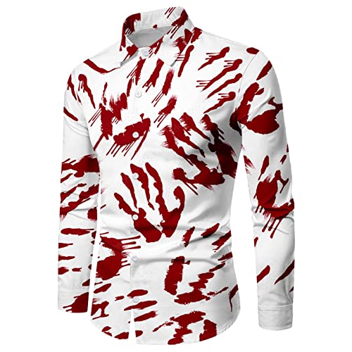 Freizeithemden für Herren Langarm Lustig Blutige Handabdrücke Bedruckte Männer Halloweenhemd Revers Leisure Langarmshirts mit Knöpfen Long Sleeve Hemden Trachtenhemd von PODOLIXIA