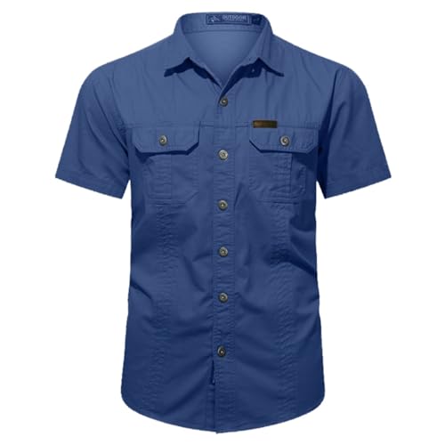 Hemd Herren Kurzarm Baumwolle Freizeithemden für Herren, Revers Solid Color Hemd mit 2 Brusttaschen Sommershirt Lässiger Männer Cargo-Hemd Knopfleiste Kurzarmhemd mit Knöpfe von PODOLIXIA