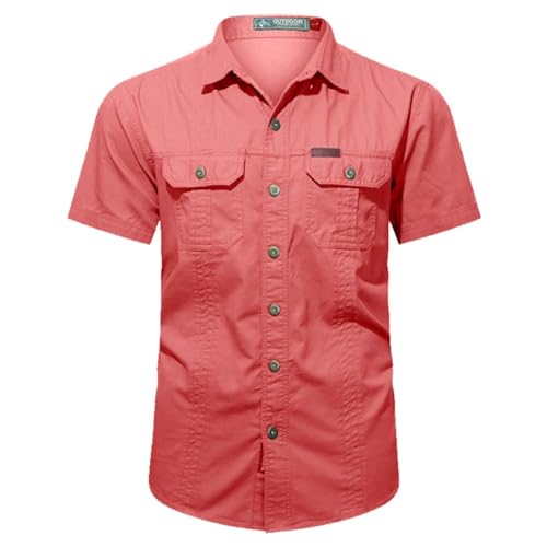 Hemd Herren Kurzarm Baumwolle Freizeithemden für Herren, Revers Solid Color Hemd mit 2 Brusttaschen Sommershirt Lässiger Männer Cargo-Hemd Knopfleiste Kurzarmhemd mit Knöpfe von PODOLIXIA