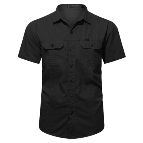 Hemd Herren Kurzarm Baumwolle Freizeithemden für Herren, Revers Solid Color Hemd mit 2 Brusttaschen Sommershirt Lässiger Männer Cargo-Hemd Knopfleiste Kurzarmhemd mit Knöpfe von PODOLIXIA