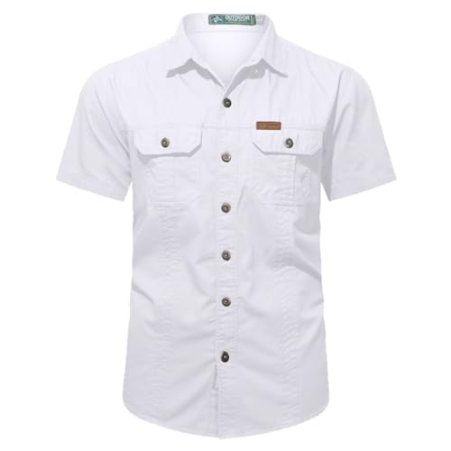 Hemd Herren Kurzarm Baumwolle Freizeithemden für Herren, Revers Solid Color Hemd mit 2 Brusttaschen Sommershirt Lässiger Männer Cargo-Hemd Knopfleiste Kurzarmhemd mit Knöpfe von PODOLIXIA