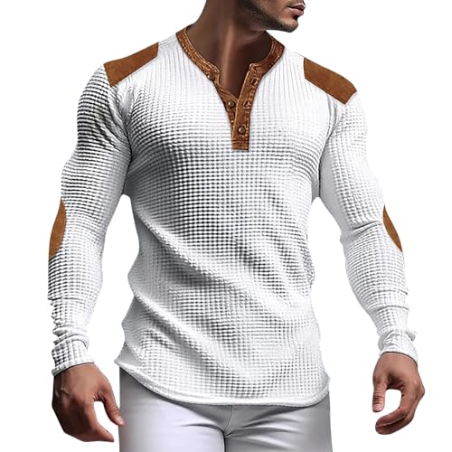 Henley Shirt Herren Longsleeve Waffel-Henley Grandad Ausschnitt mit Knöpfen Henley Hemd Vintage Men's Oberteile Color-Blocking Waffel Karierte Langarmshirts von PODOLIXIA