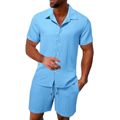 Herren Freizeitanzug 2-Stück Sommer Set Strand Urlaub Knopfleiste Hemd und Shorts Kurzarm Leisure Outfits Zweiteiler Button-Down Shirts & Kurze Hosen von PODOLIXIA