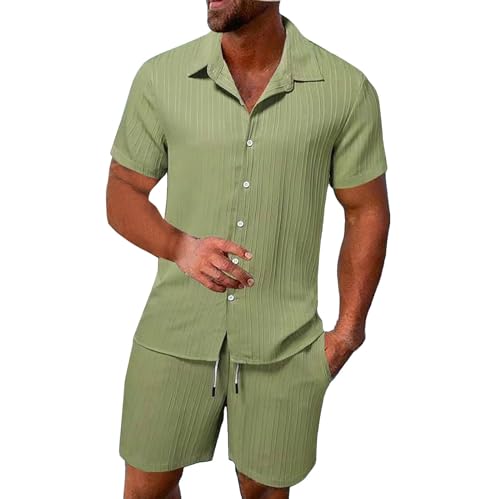 Herren Freizeitanzug 2-Teiler Sommer Set Strand Urlaub Knopfleiste Hemd und Shorts Kurzarm Casual Outfits Zweiteiler Button-Down Shirts & Kurze Hose von PODOLIXIA