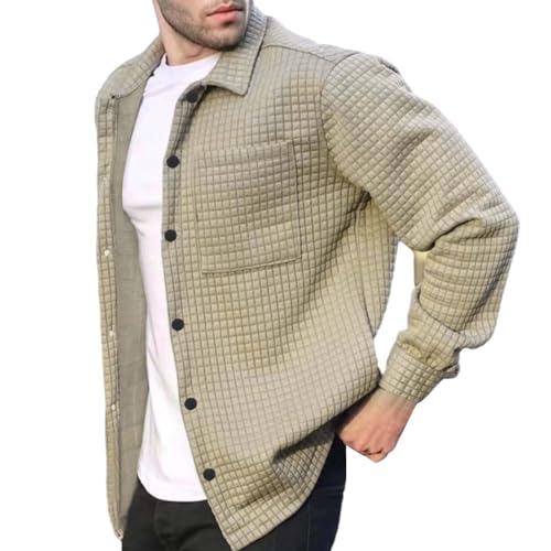 Herren Jacke Frühling übergangsjacke Revers Waffel Karo Langarm Freizeitjacke mit Brusttasche und Knöpfen Elegant Solid Color Männer Hemdjacken Lässiges Stilvoll Langarmshirts von PODOLIXIA