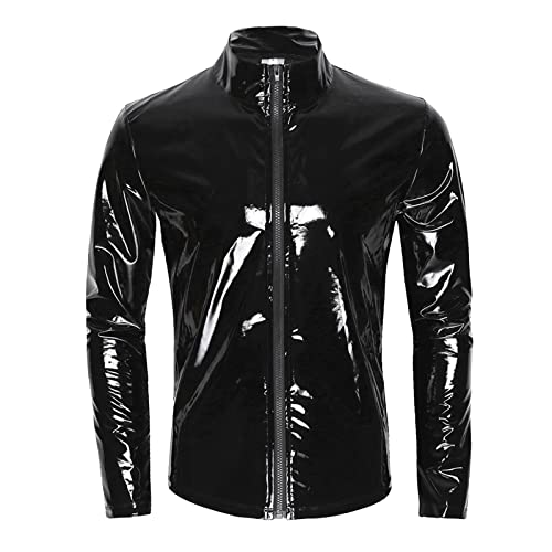 Herren Lack Leder Kurzarm Jacke mit Reißverschluss Kentkragen Sexy PU-Leder Solid Color Mode Punk Gothic Top von PODOLIXIA