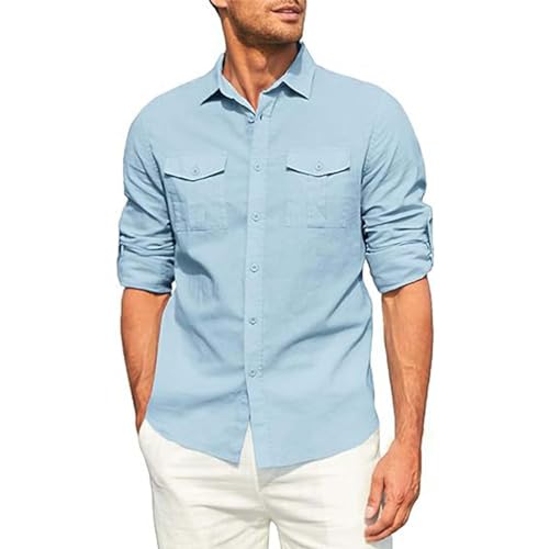 Herren Leinenhemd Baumwolle Lange Ärmel Freizeithemd Revers Solid Color Button-Down Hemd Men's Cargohemd mit Knopfleiste und Taschen Modische Casual Herrenhemd von PODOLIXIA